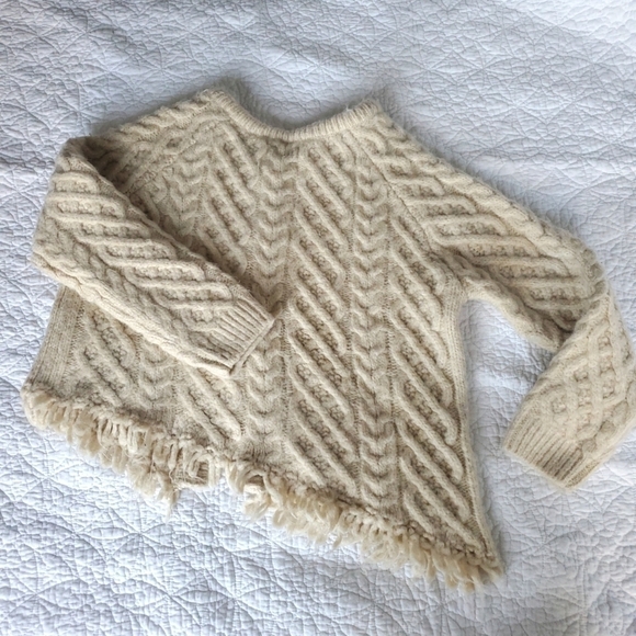 Zara Ecru Chunky Wool Blend Asymmetrical Knit Buttoned Frayed Hem Sweater - Picture 3 of 16